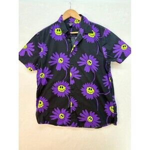 Neff Men's Button Down Shirt Smiley‎ Face Purple Flowers Black Shirt Size Medium